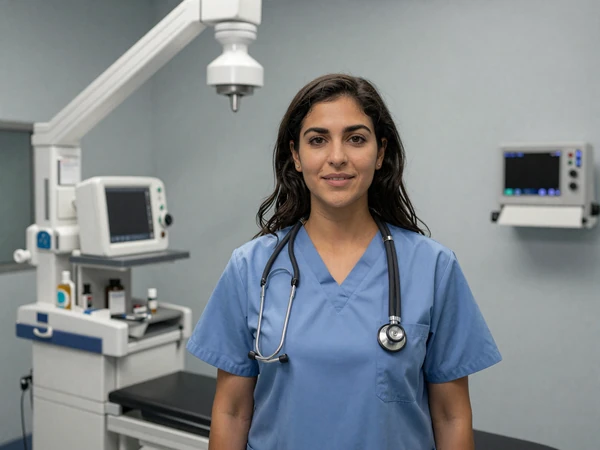Female gastroenterologist in scrubs standing in a modern endoscopy suite
