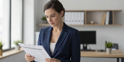 White female nurse practitioner reviewing a chart in a modern clinic