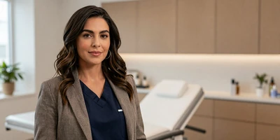 Female plastic surgeon in a tailored blazer in a modern aesthetic surgery office