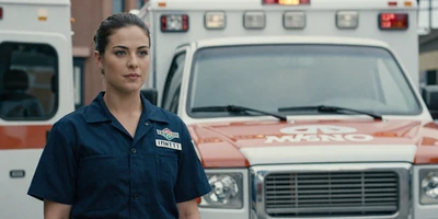 White female paramedic standing confidently by an ambulance