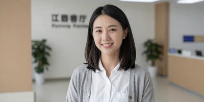 Asian female emergency nurse smiling in a modern clinic lobby