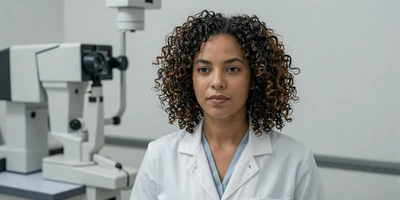 Female ophthalmologist in a white coat in a modern eye exam room