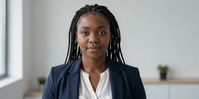 Female urologist in a bright clinic room wearing a navy blazer