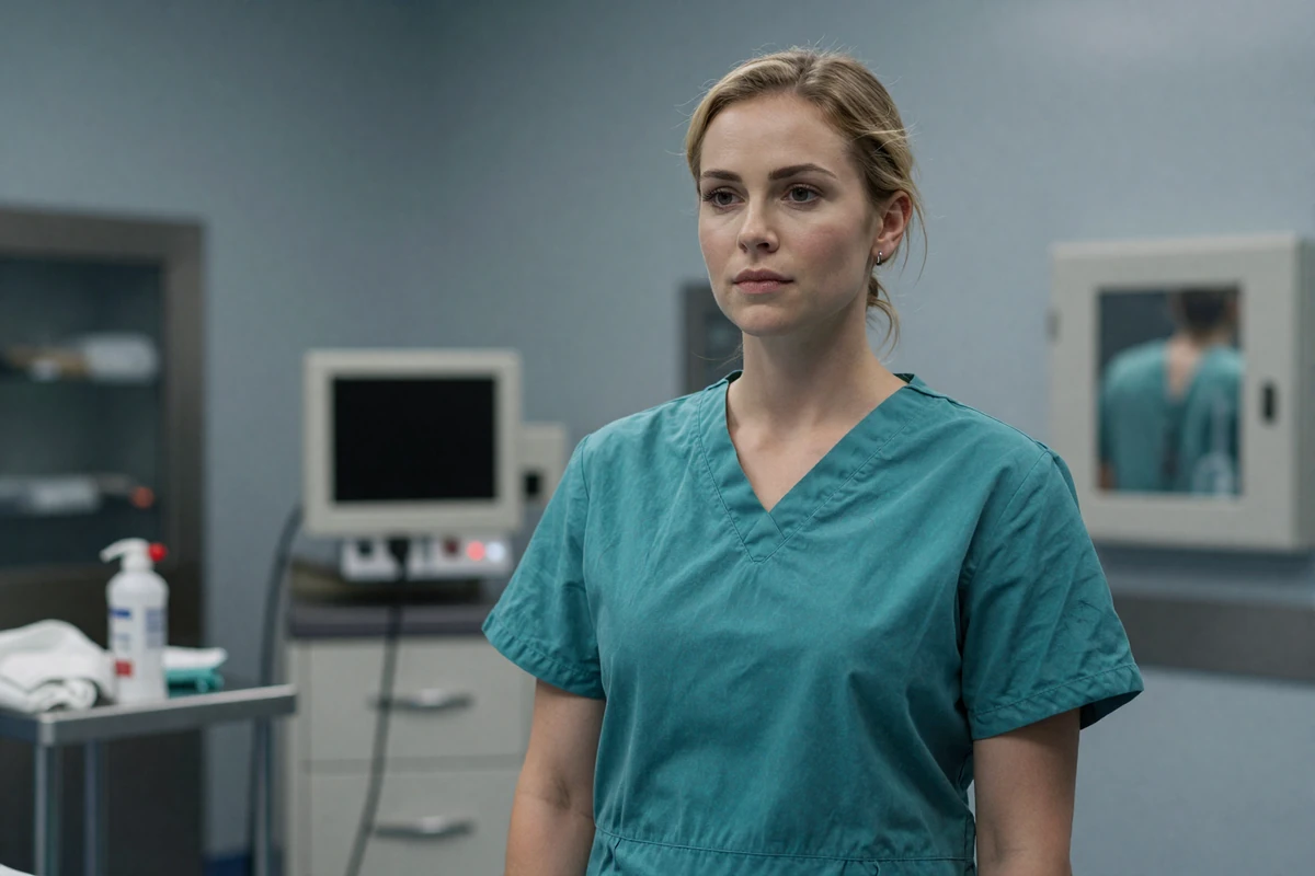 Female anesthesiologist in scrubs with a calm focused expression in an operating room prep area
