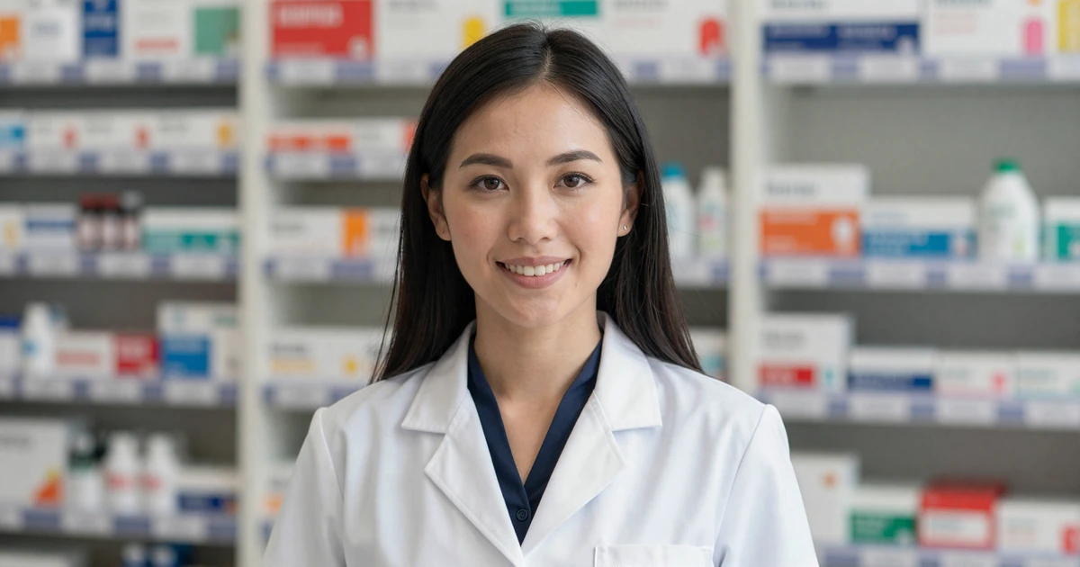 Female pharmacist smiling confidently in a modern pharmacy