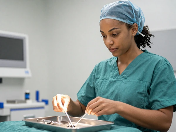 Black female surgical nurse preparing instruments in a modern operating room