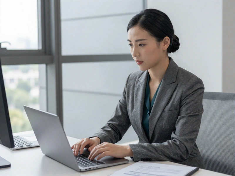 Female doctor using a laptop in a modern office setting