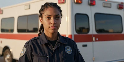 Black paramedic near an ambulance at golden hour