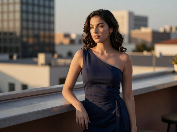 Female anesthesiologist in an elegant dress enjoying a rooftop bar at sunset