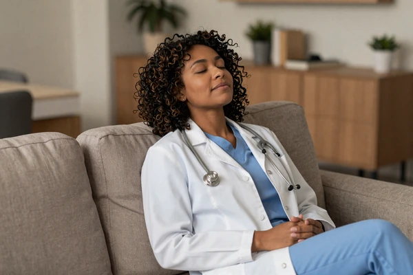 Female doctor relaxing on a sofa after a long hospital shift