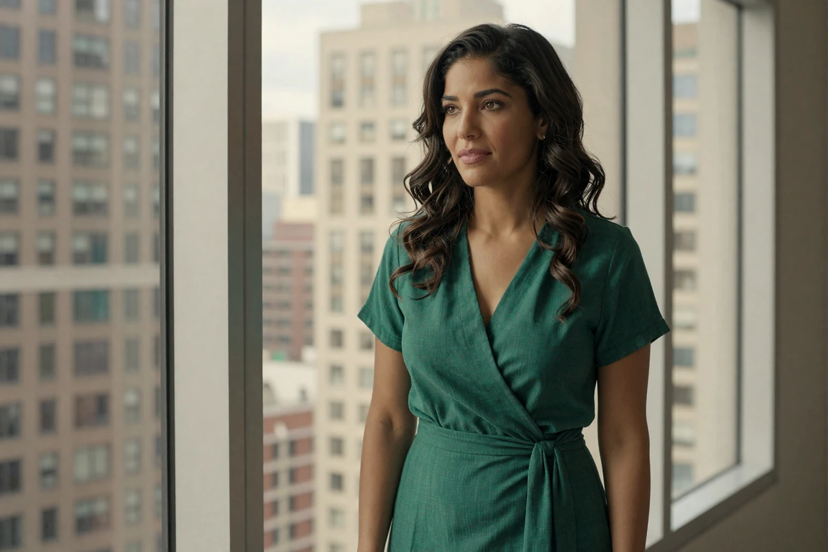 Female nephrologist in an emerald dress standing calmly by a window in a modern office building