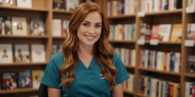 Mixed ethnicity female registered nurse in a cozy bookstore wearing a teal wrap dress