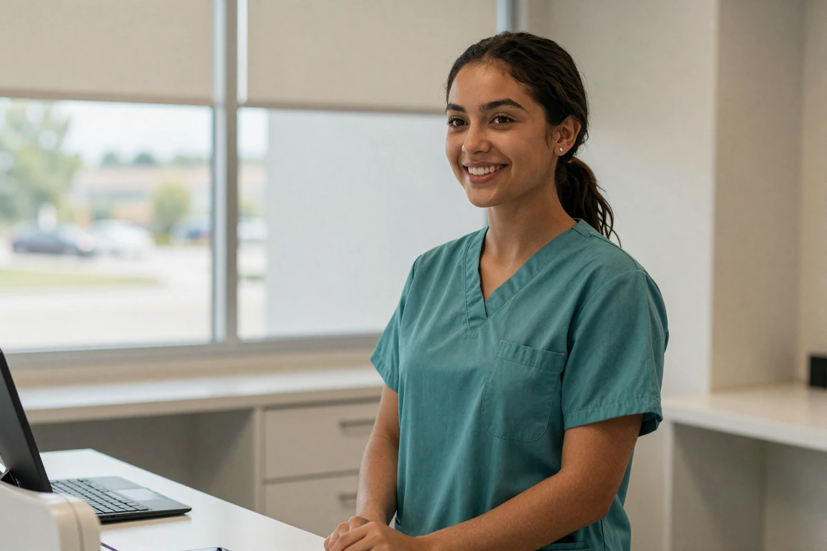 Female nurse smiling warmly at a modern nurses station
