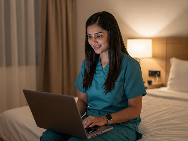 Asian female travel nurse video calling from a business hotel room