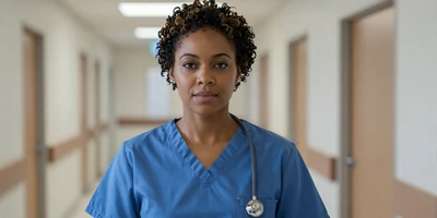 Female surgeon in scrubs standing confidently in a hospital hallway