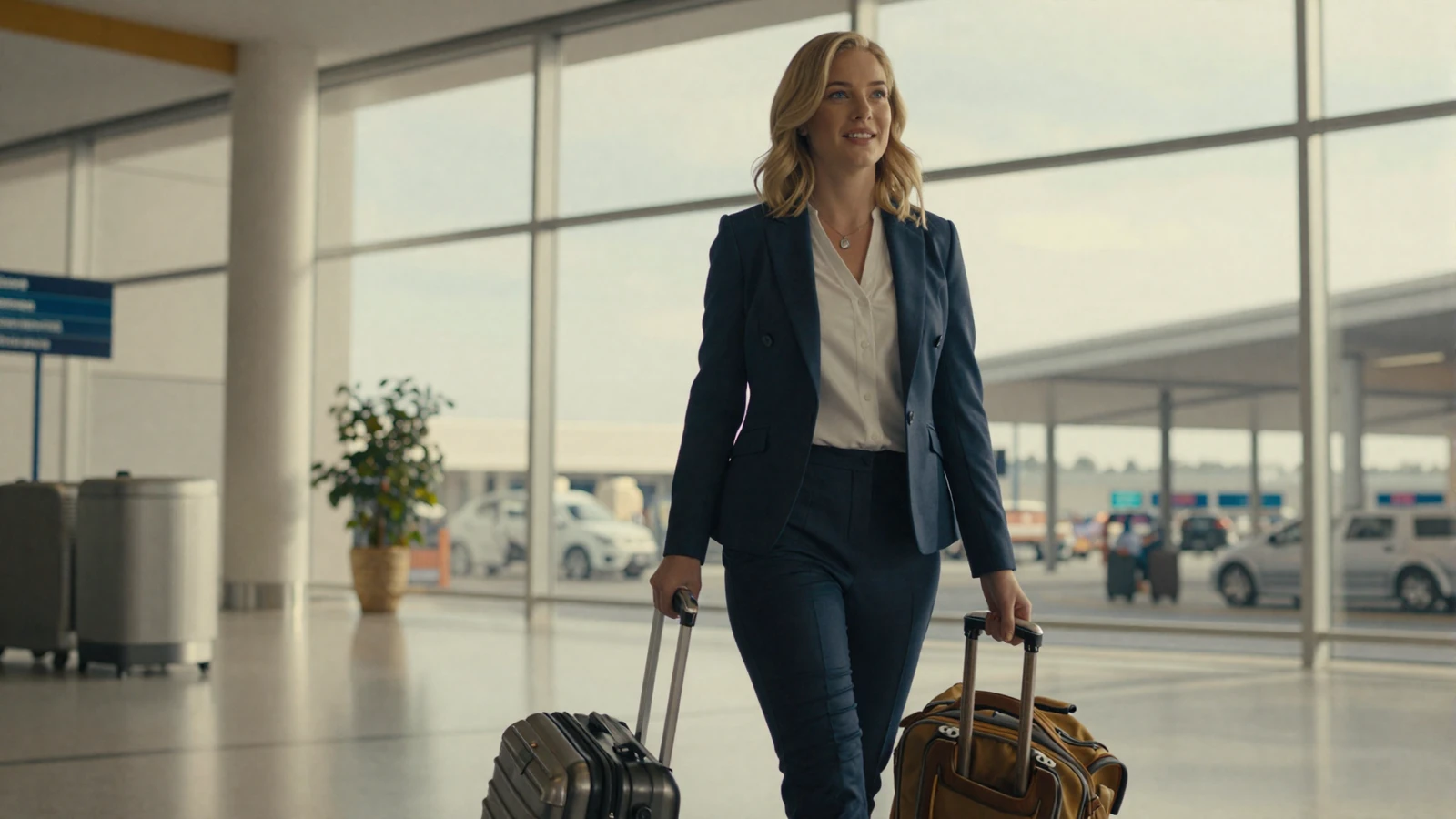 Female travel nurse walking through a modern airport terminal with a suitcase