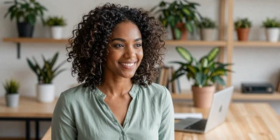 Female endocrinologist in a bright workspace with plants