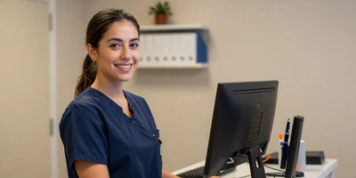 Latina nurse smiling at a modern nurses station