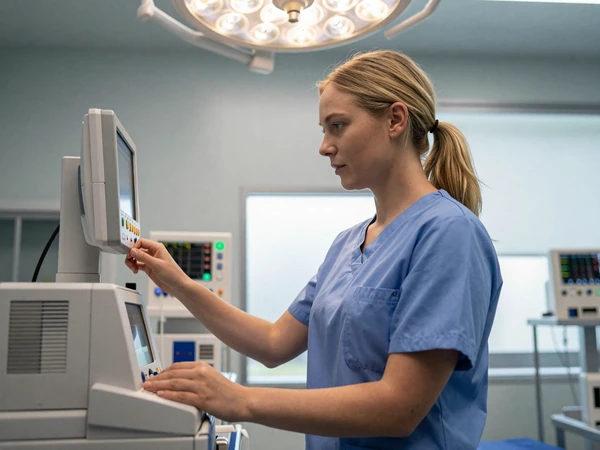 White female nurse anesthetist monitoring equipment in a modern operating room