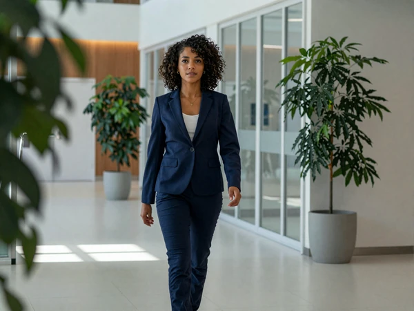 Female physician assistant walking confidently through a modern clinic building