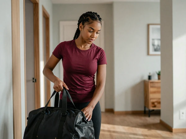 Female occupational therapist packing a gym bag in a bright apartment entryway before work