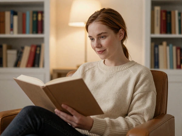 Female psychiatrist in a cozy sweater reading in an armchair at home