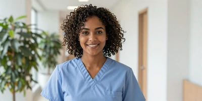 Black female licensed practical nurse in teal scrubs smiling at a nurses station