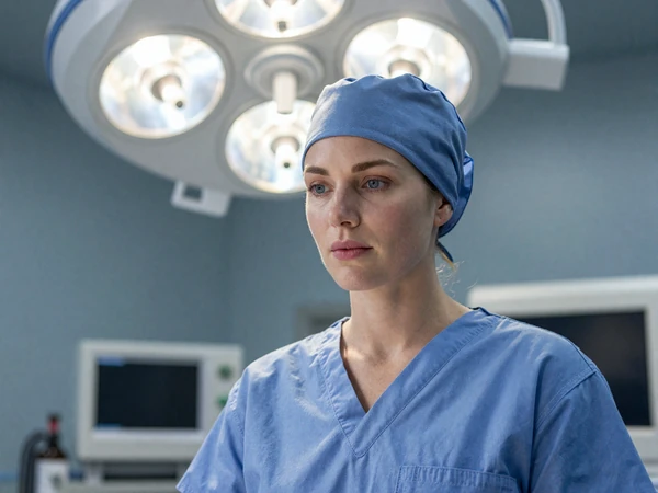 Female anesthesiologist in scrubs in an operating room prep area