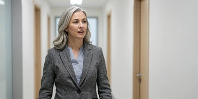 Female gastroenterologist in a tailored grey blazer in a bright clinic hallway