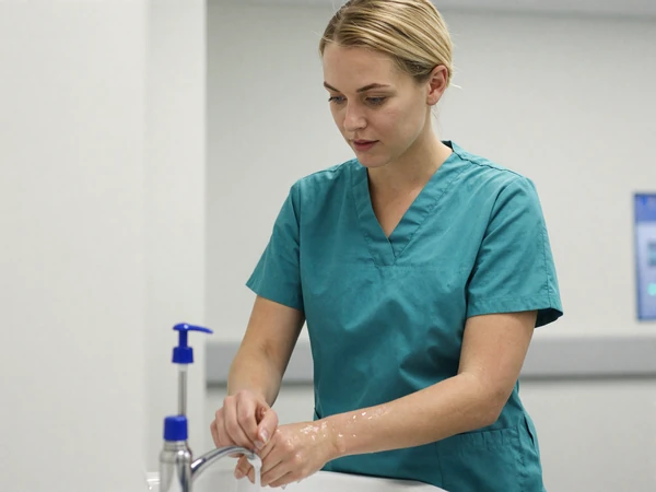 Female doctor in scrubs washing hands in a modern hospital setting