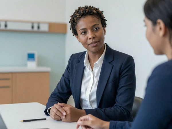 Female nephrologist in a navy blazer consulting with a colleague in a hospital conference room