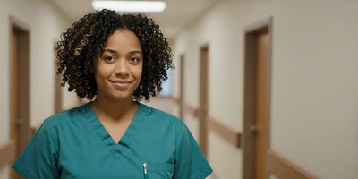 Black female registered nurse smiling in a modern hospital hallway