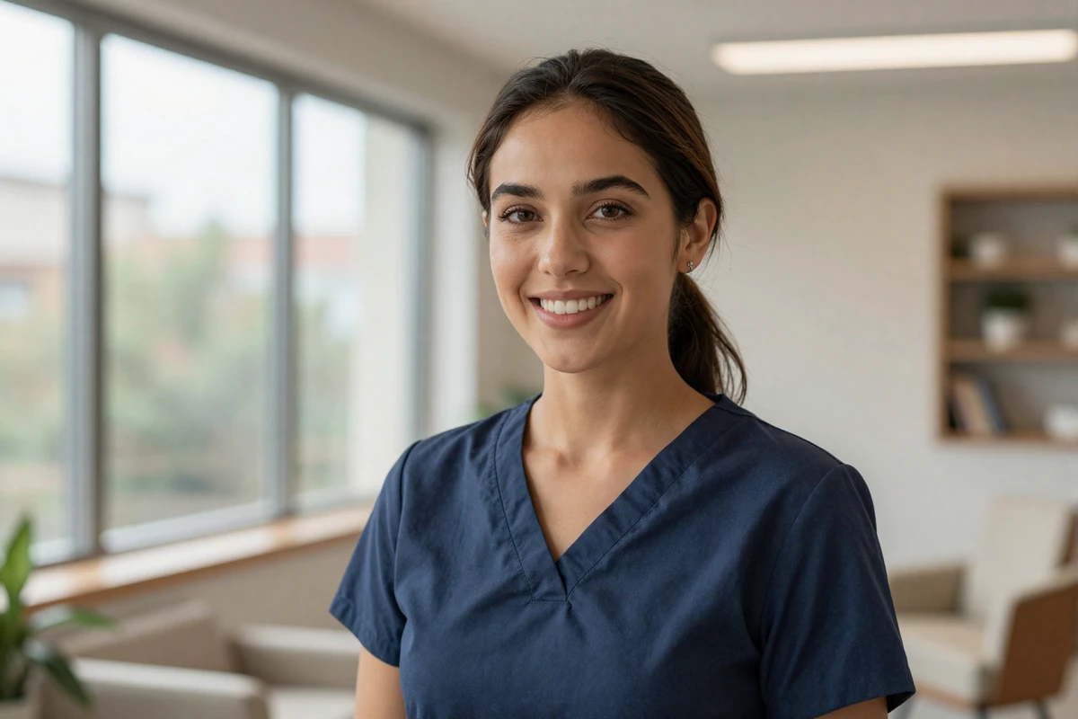 Female pediatrician with a warm smile in a bright modern pediatric office