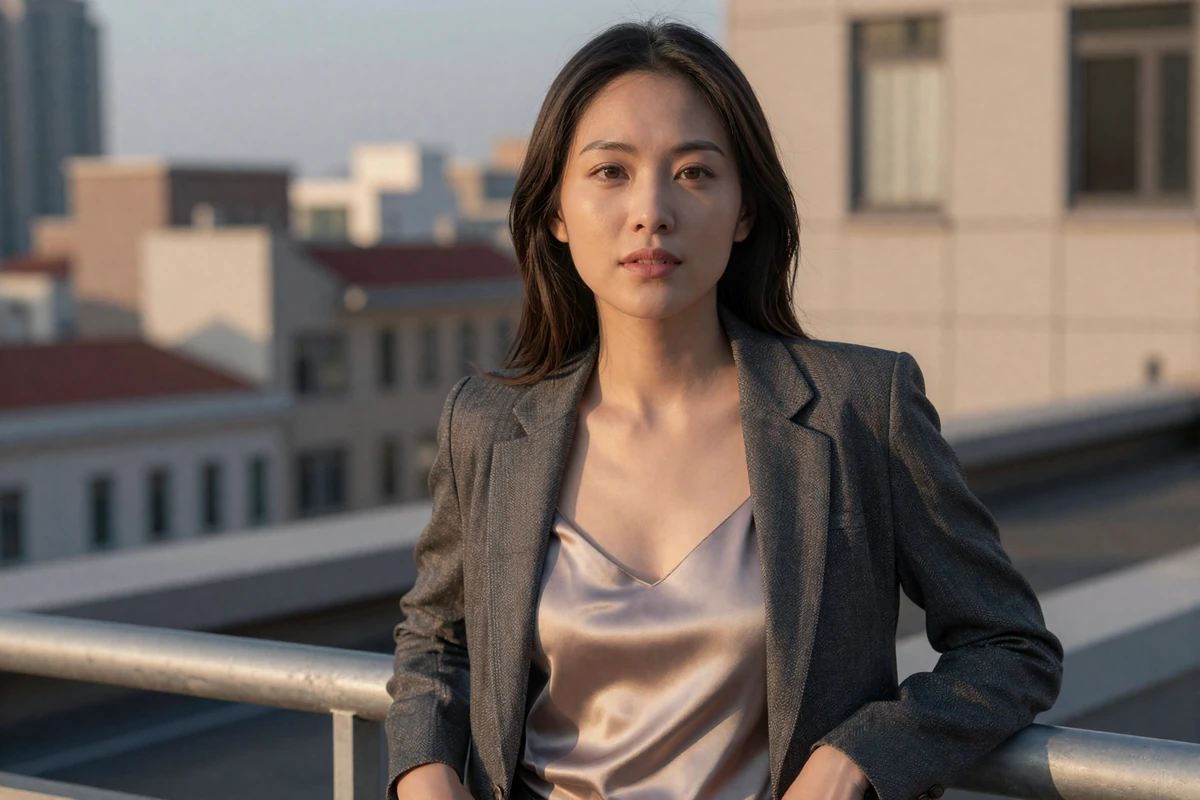 Female otolaryngologist in an elegant blazer leaning against a rooftop railing at golden hour