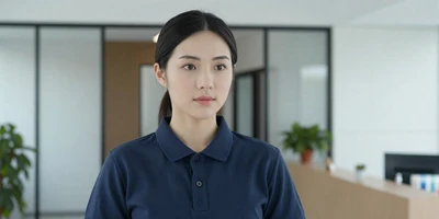 Asian female paramedic in a modern office lobby wearing a navy polo shirt