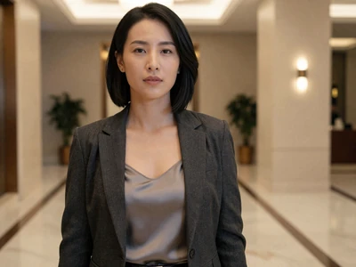 Confident female doctor in a hotel lobby ready for a first date