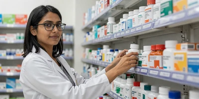 Asian female pharmacist organizing medication shelves