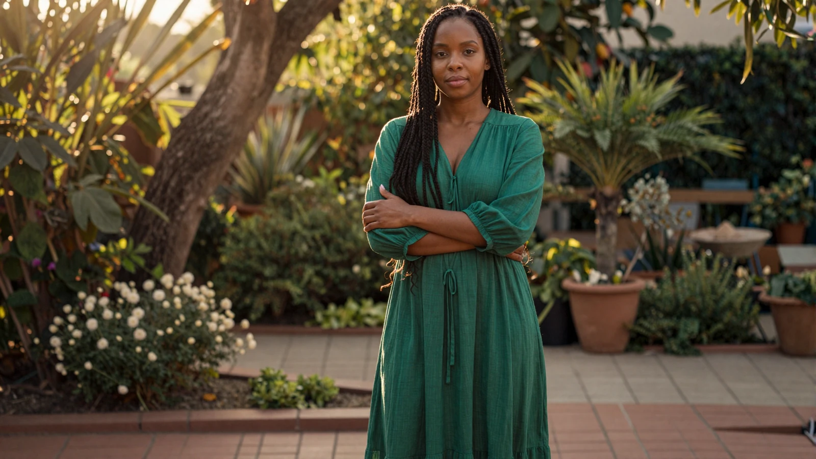 Confident female nurse-midwife in an emerald dress standing in a sunlit garden
