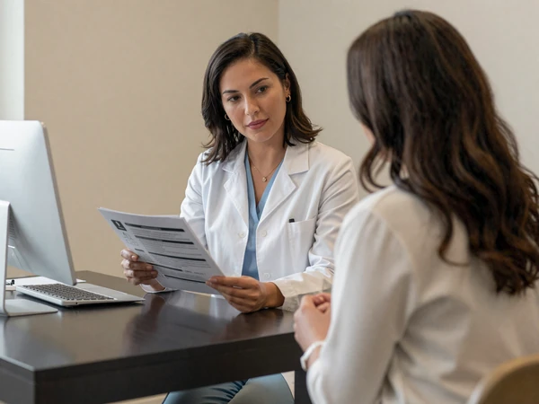 Female urologist reviewing patient charts at a sleek desk in a private clinic