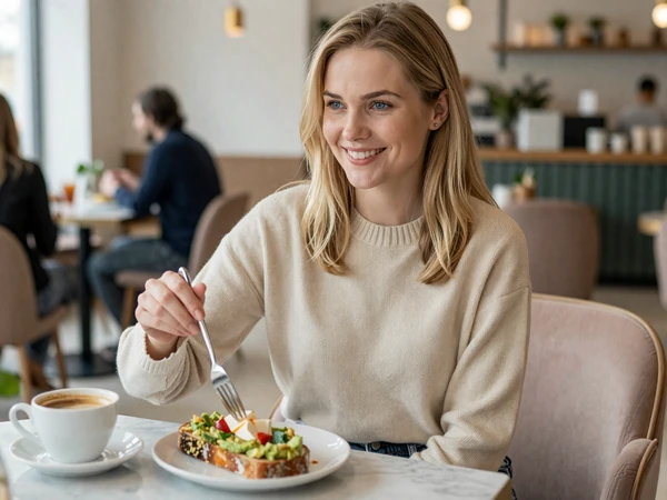 Female nurse enjoying weekend brunch at an upscale cafe