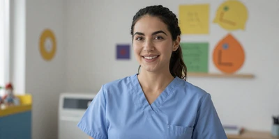 Female pediatrician smiling in a bright pediatric office with colorful decor
