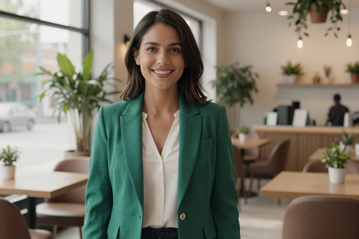 Confident female doctor smiling in a bright modern cafe during her morning break