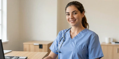 Latina nurse smiling at a modern nurses station