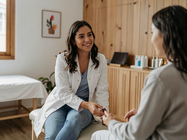 Latina female nurse-midwife consulting with a patient in a warm birthing center