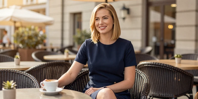 Female urologist in an elegant navy dress relaxing at an upscale cafe terrace with coffee