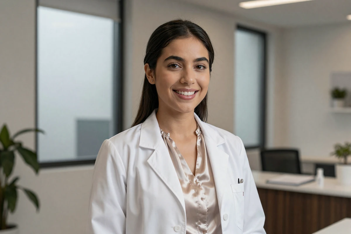 Female dermatologist in a white coat smiling in a bright modern office