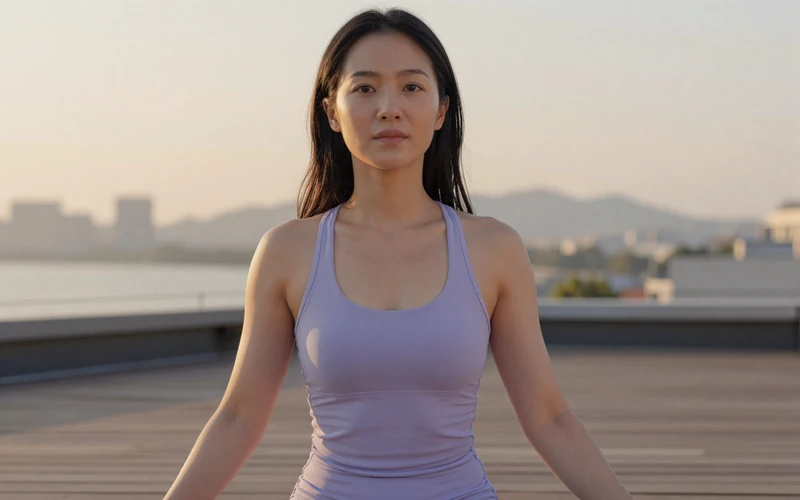 Asian female respiratory therapist doing yoga on a rooftop at sunrise for self-care