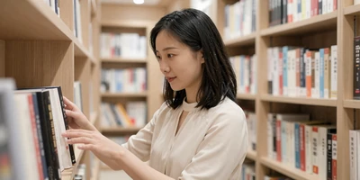 Female oncologist browsing books in a modern bookstore