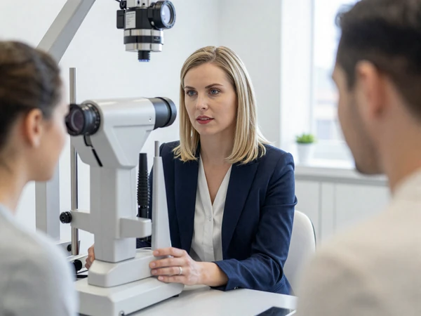 Female ophthalmologist in business casual attire examining a patient with modern equipment in a private clinic
