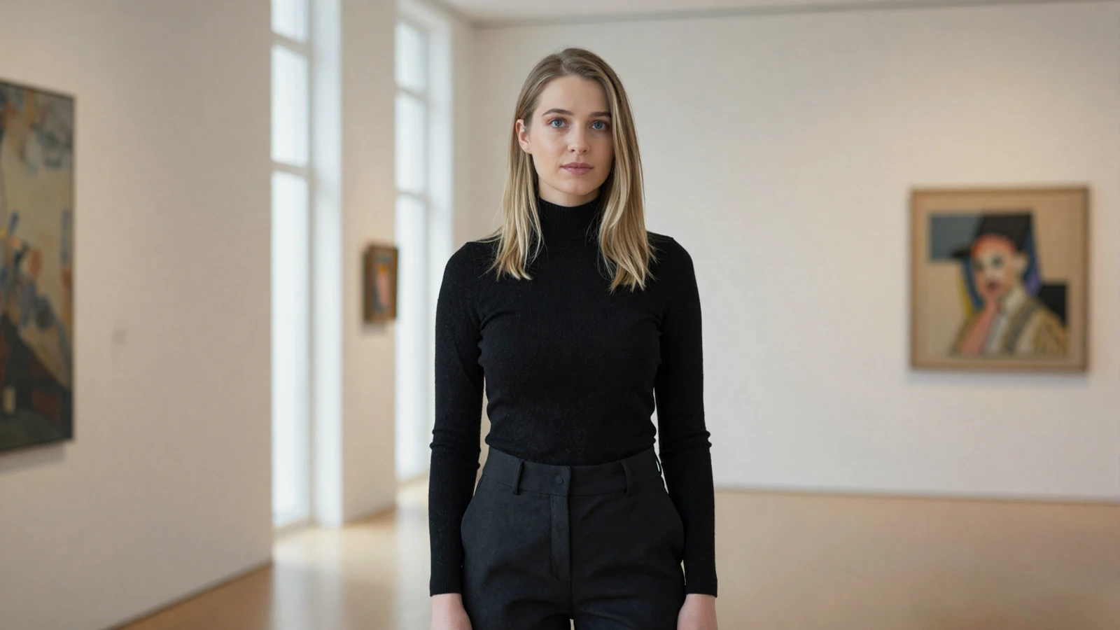 Confident female radiology technologist in a modern art gallery